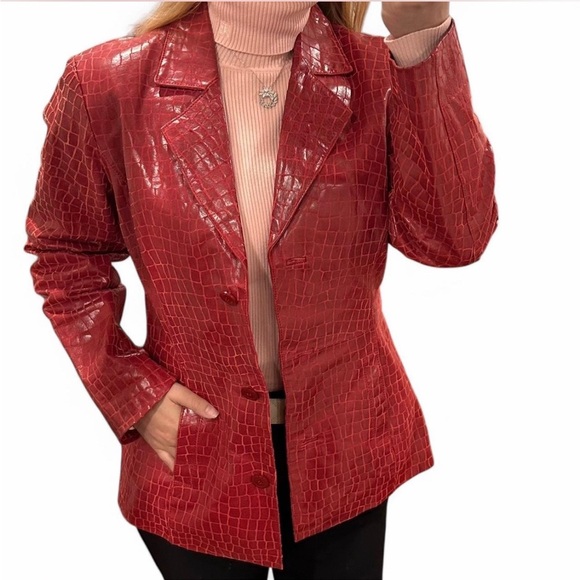 Genuine embossed red croc leather Dialogue size  Small button front blazer - Picture 1 of 8